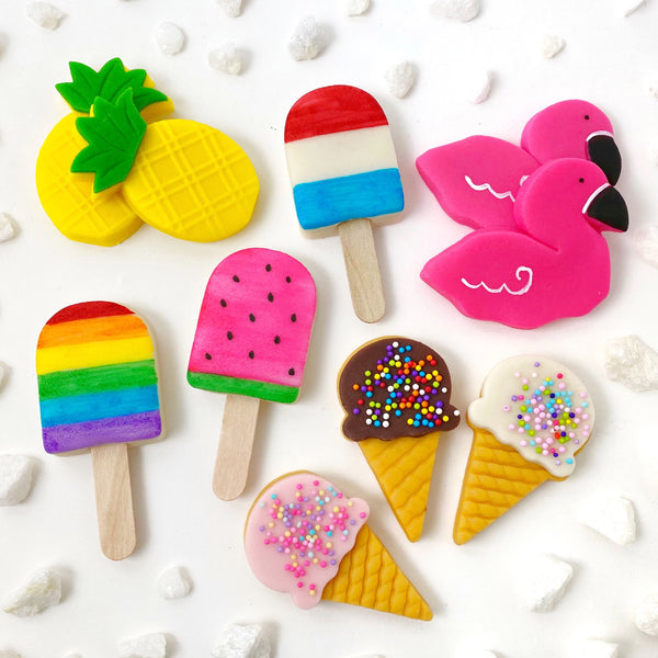 summer tropical marzipan candy treats with flamingos, pineapples, ice cream cones popsicles ten pieces