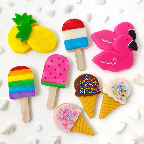 A delcious collection of tropical marzipan candy for summer.  Favors for birthdays, pool parties, hawaiian parties, luau parties and summer celebration. Pineapples, flamingos, ice cream cones and popsicles. Cool vegan treats and yummy gift idea! - ten pieces