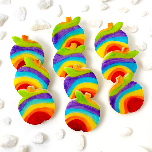 Rosh Hashanah rainbow apples marzipan candy tiles layout