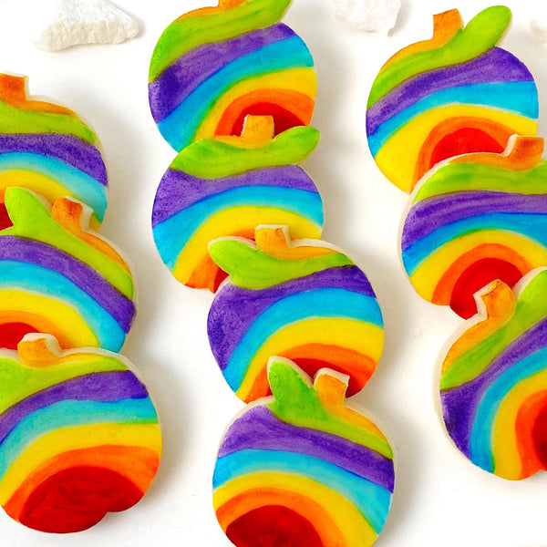Rosh Hashanah rainbow apples marzipan candy tiles lines