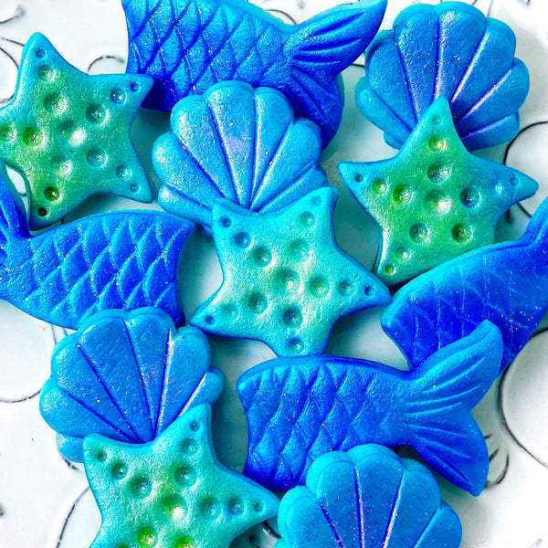 under the sea mermaid marzipan candy tiles closeup