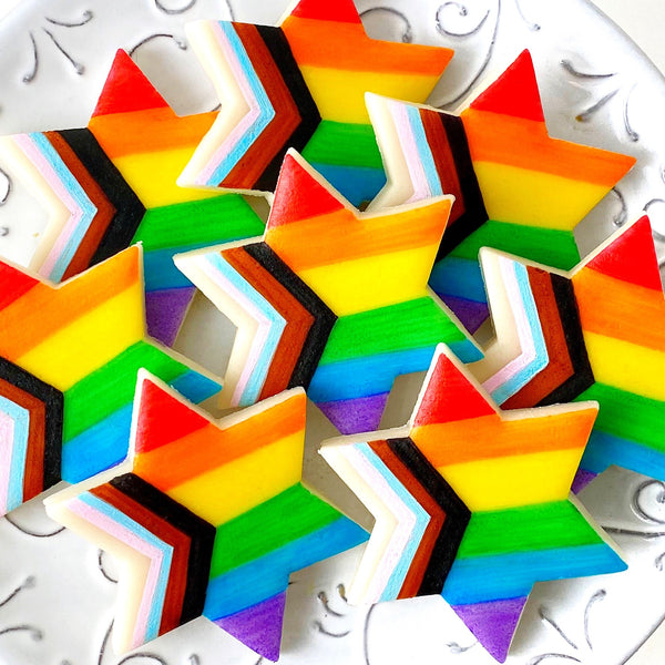 rainbow progress pride stars of David marzipan candy tiles closeup