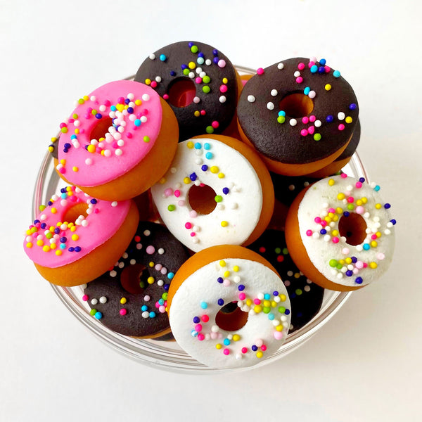 Sprinkle marzipan mini donuts candy in a bowl