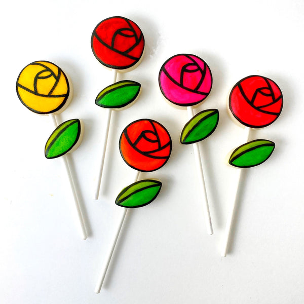 marzipan stained glass rose pops flatlay