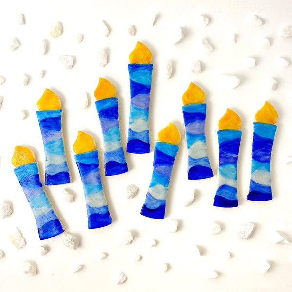 hanukkah blue menorah candles marzipan candy layout