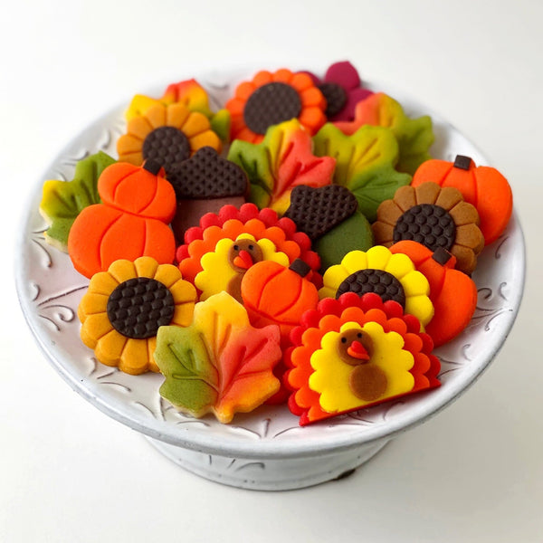 Thanksgiving pumpkin turkey acorn leaves sunflowers marzipan candy gift basket portrait