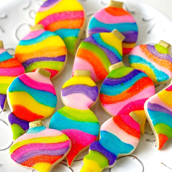 fantasy christmas rainbow ornaments marzipan candy closeup