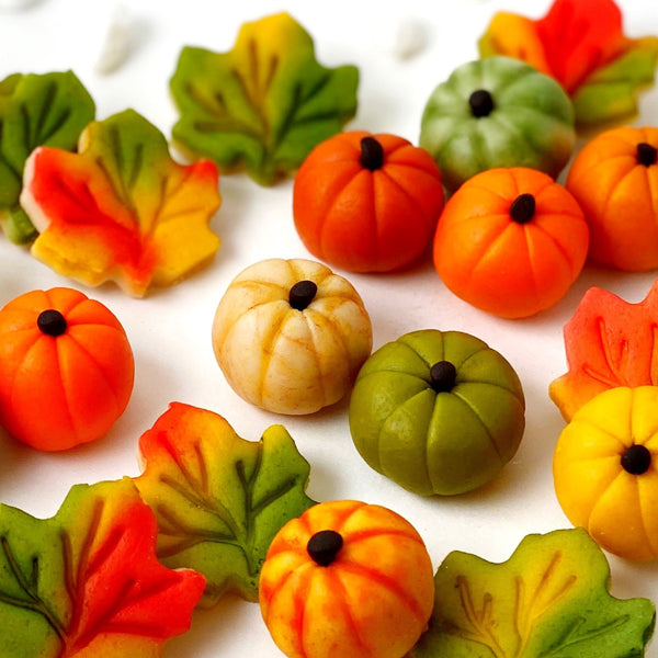 autumn harvest Thanksgiving marzipan hostess gift pumpkin gourd maple leaves closeup