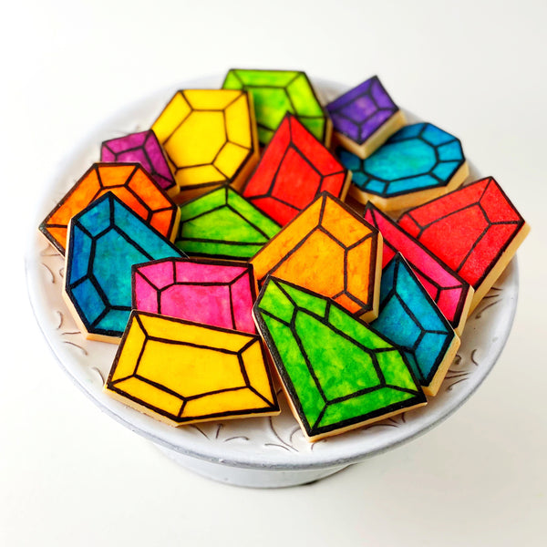 shiny jewel gemstones gift marzipan candy tiles on a plate