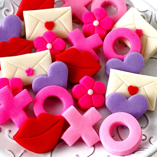 Valentine's Day marzipan candy bites hearts flowers closeup