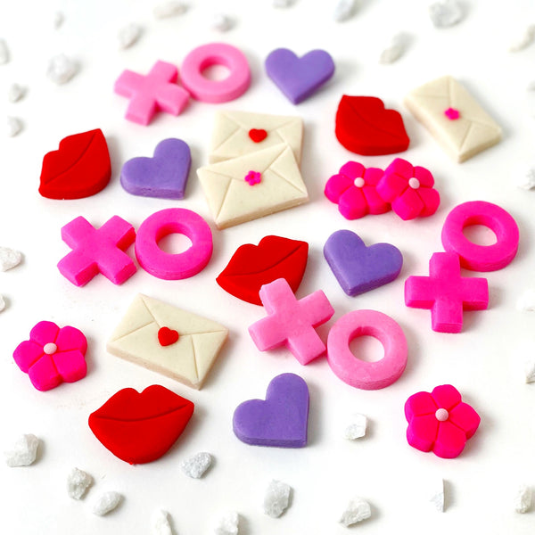 Valentine's Day marzipan candy bites hearts flowers flatlay