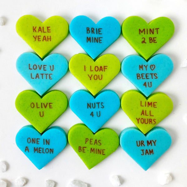 foodie marzipan conversation hearts valentine's day flatlay