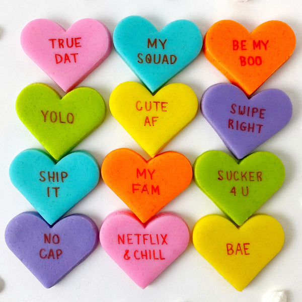 trendy marzipan conversation hearts  flatlay