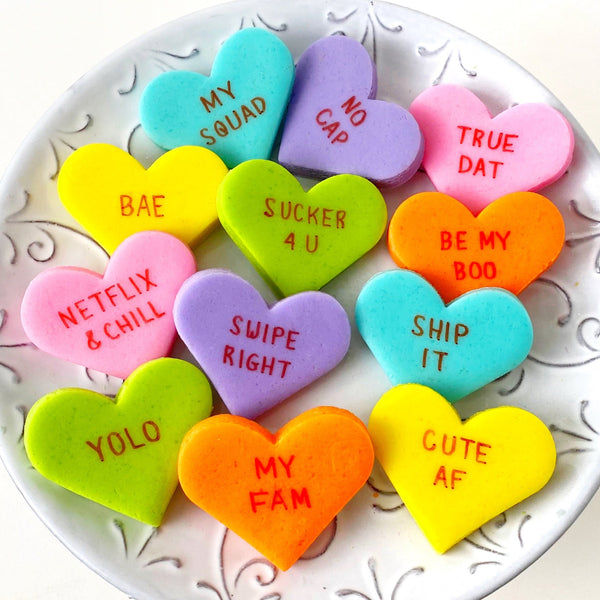 trendy marzipan conversation hearts on a plate