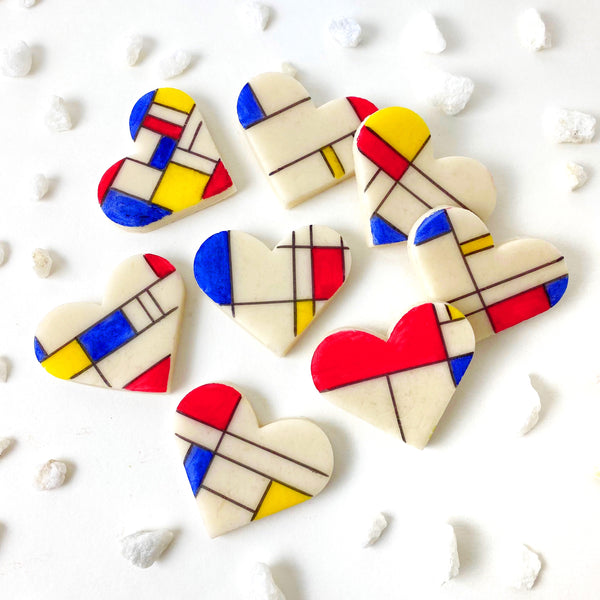 mondrian valentines heart candy marzipan flatlay