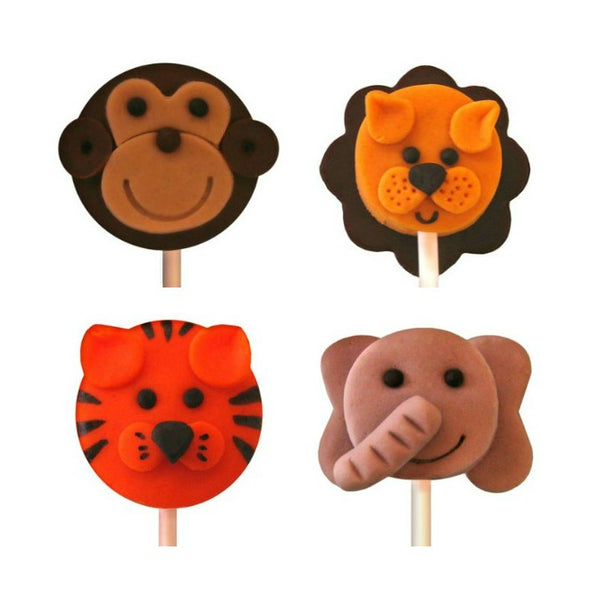 safari jungle animals with elephant, monkey, lion and tiger marzipan candy lollipops