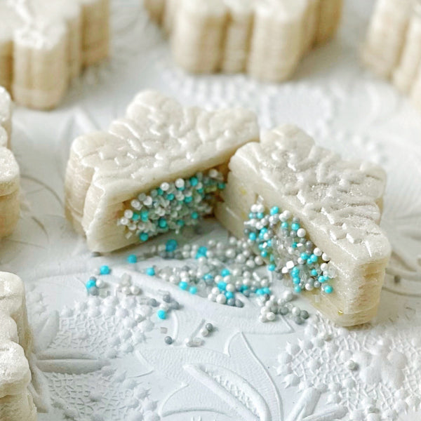 Snowflake sprinkle surprise Christmas marzipan closeup