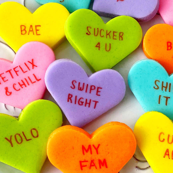 trendy marzipan conversation hearts netflix bae closeup