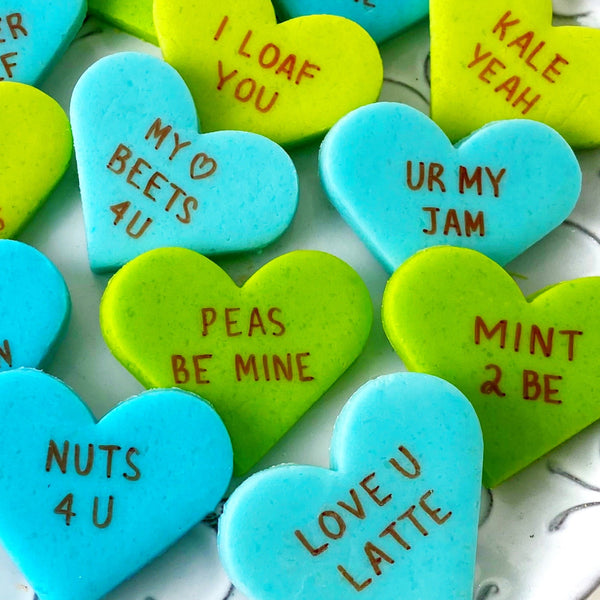 foodie marzipan conversation hearts valentine's day closeup