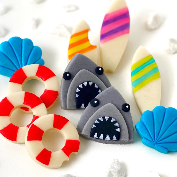 beach party favors shark week ideas marzipan candy cookies closeup