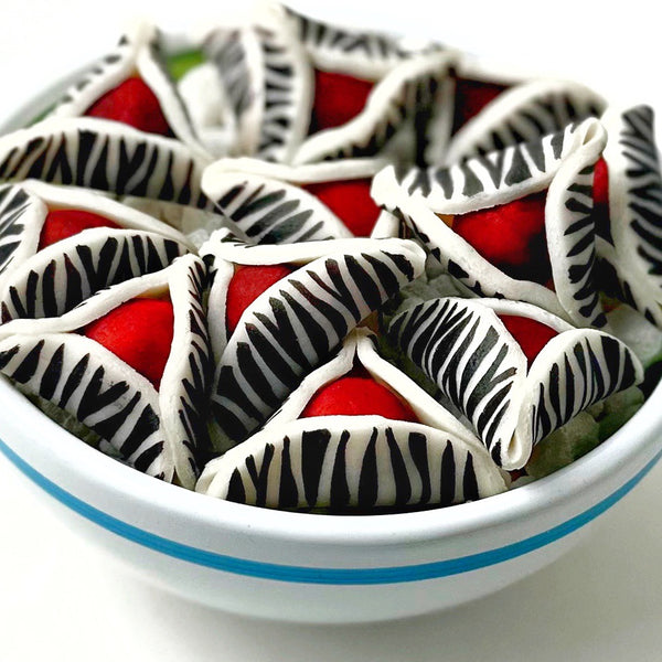 purim zebra hamantaschen bowl closeup