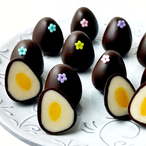 easter egg marzipan truffles closeup
