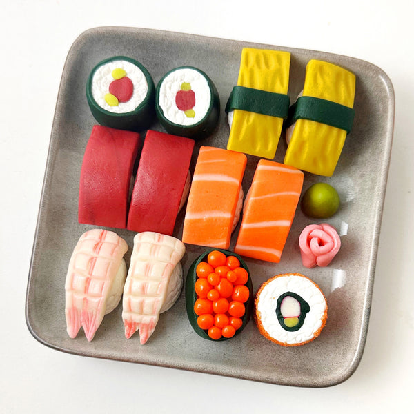 marzipan candy sushi on a square plate