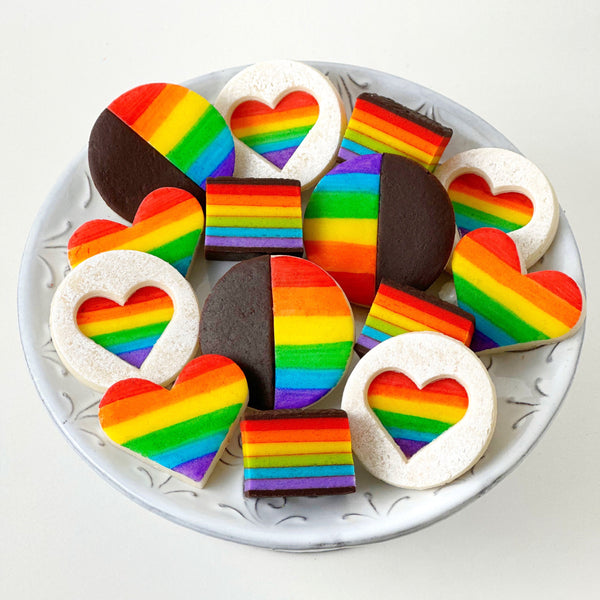 pride month cookie collection box on a pedestal