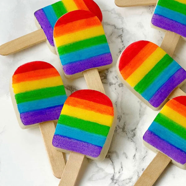 rainbow ice popsicles marzipan candy lollipops with real sticks closeup