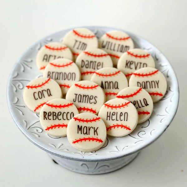 personalized baseball marzipan candy tiles on a plate