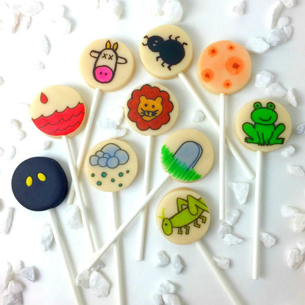 Passover Seder ten plagues display marzipan candy lollipops