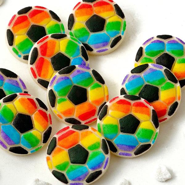 pride rainbow soccer ball tiles closeup