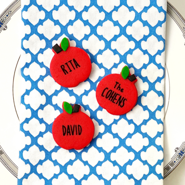 personalized rosh hashanah marzipan apples on a napkin