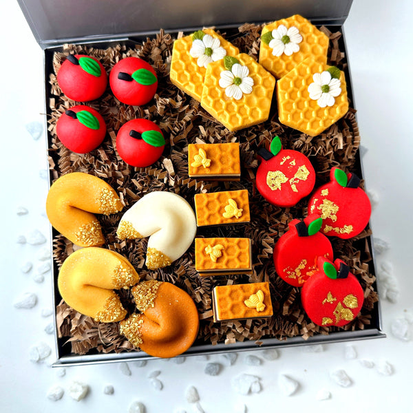 Marzipops Elegant Rosh Hashanah Candy Gift Basket with 20 marzipan treats open box presentation