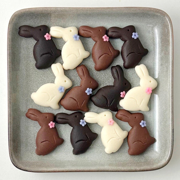 marzipan easter chocolate bunnies in a square