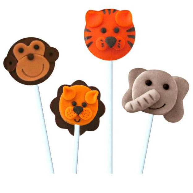 jungle safari animals with elephant, monkey, lion and tiger marzipan candy lollipops