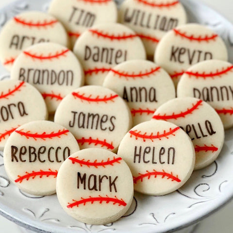 personalized baseball marzipan candy tiles closeup