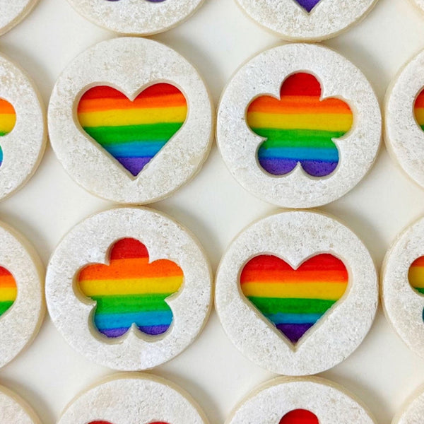 pride rainbow linzer cookies closeup