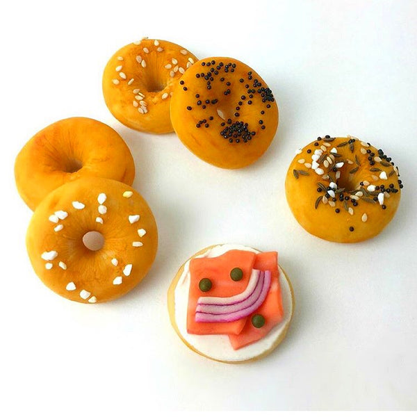 mini bagels with poppy, sesame and lox marzipan candy sculpture treats