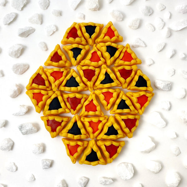Purim vegan gluten-free hamantaschen mini marzipan candy bites in a hexagon