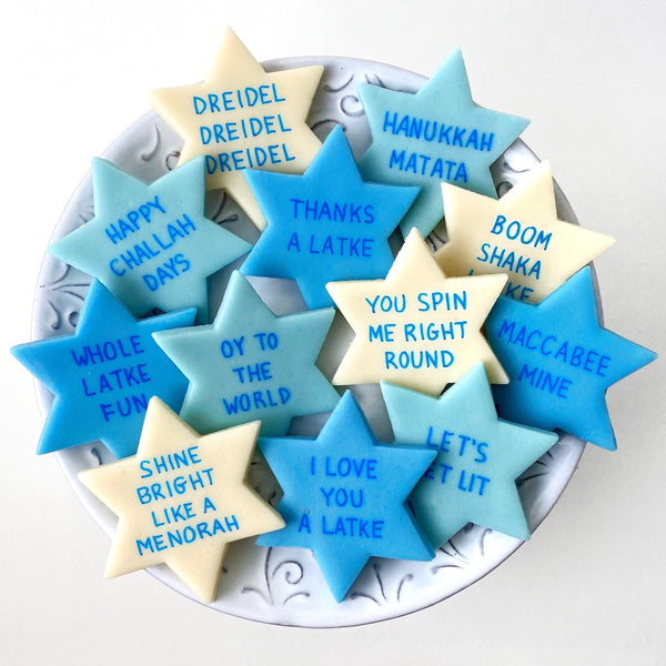 star of David Hanukkah conversation tiles marzipan candy gift on a plate