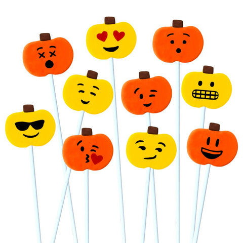 Thanksgiving yellow and orange emoji pumpkins marzipan candy lollipops
