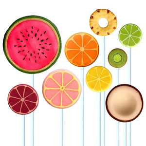 round fruits with citrus, watemelon, coconut, kiwi, and pineapple marzipan candy lollipops