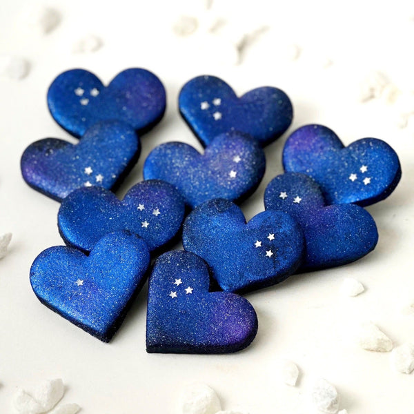 marzipan galaxy blue sparkly hearts valentine's day flatlay