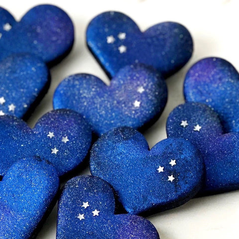 marzipan galaxy blue sparkly hearts valentine's day closeup