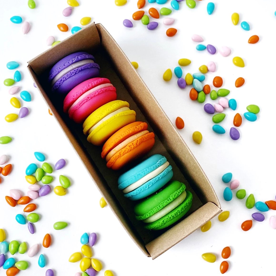rainbow french macarons marzipan candy sculpture treats in a box