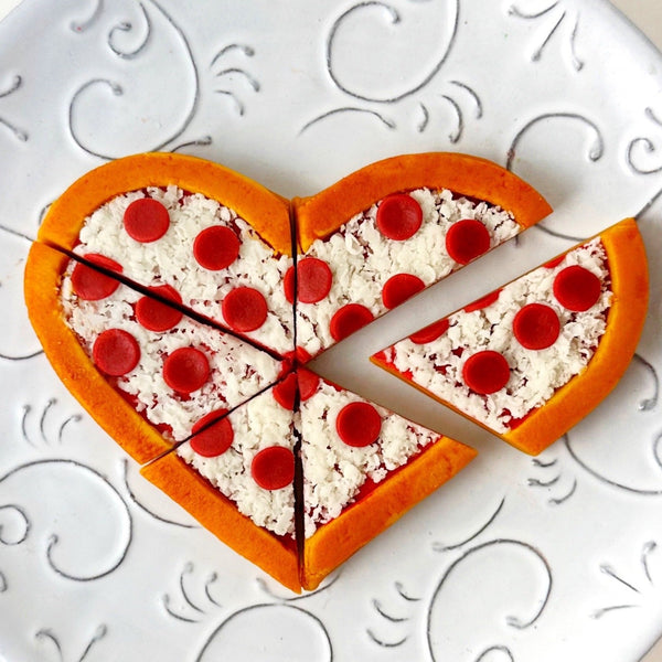 heart shaped marzipan pizza sliced