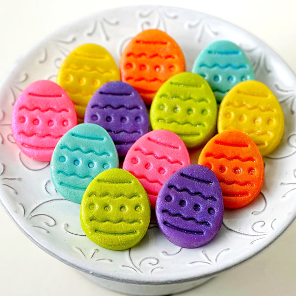 sparkly easter marzipan eggs on a plate
