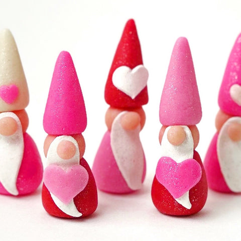 valentine's day marzipan pink red gnomes closeup