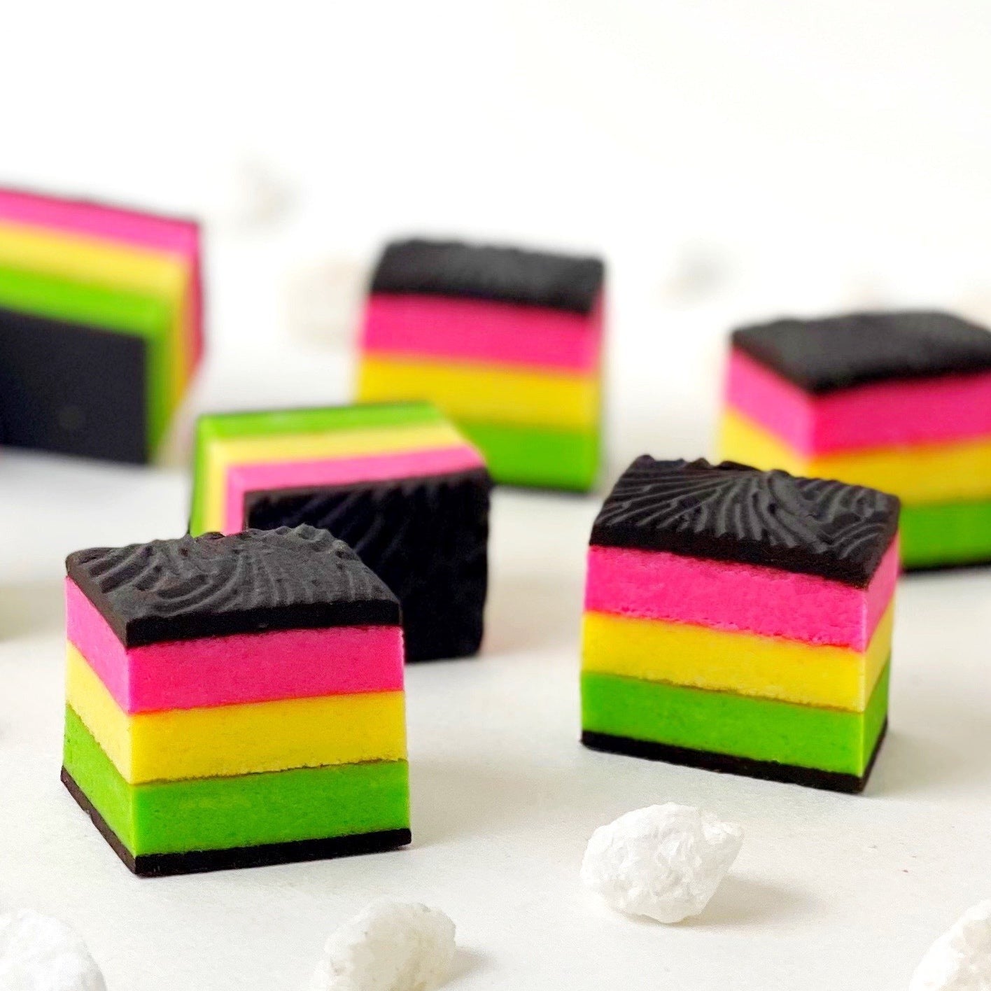 marzipan rainbow cookies closeup